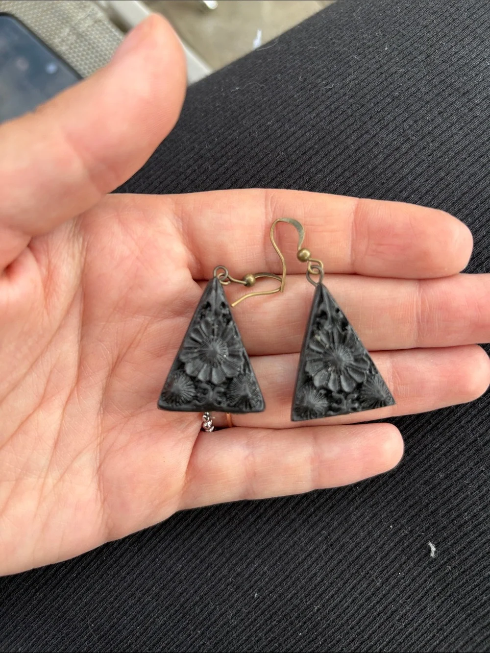 Handcrafted Black Floral Triangle Drop Earrings